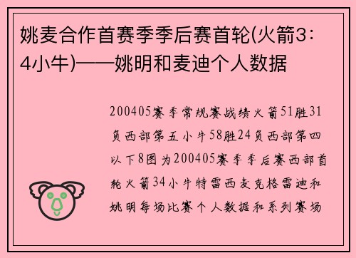 姚麦合作首赛季季后赛首轮(火箭3:4小牛)——姚明和麦迪个人数据